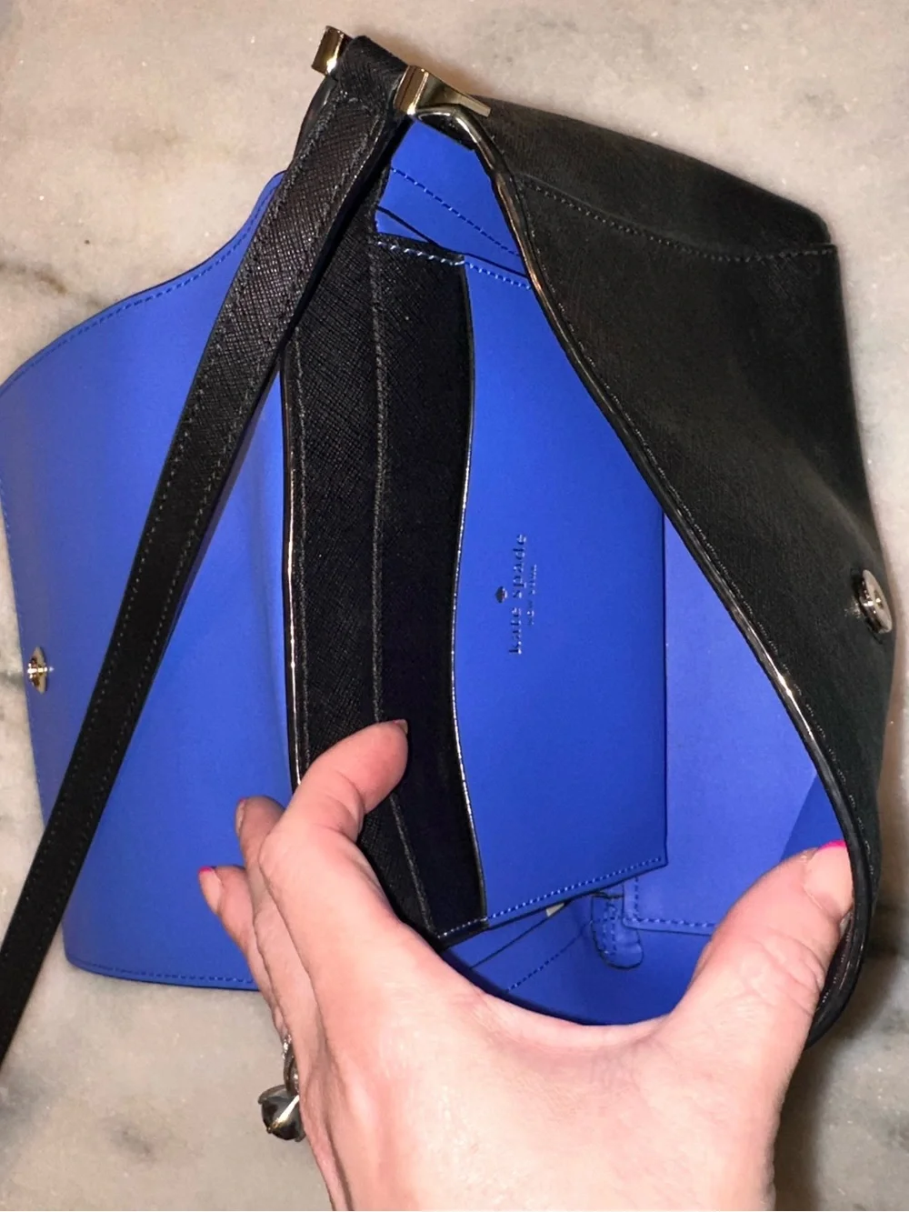 Kate Spade Bow Details Black Leather Crossbody with Blue Accents